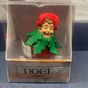 Festive Elf Ornament with Red Hat and Green Collar department 56 Noel ornament